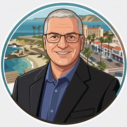Illustrated portrait of Jason Epel with the La Jolla, California coastline behind him